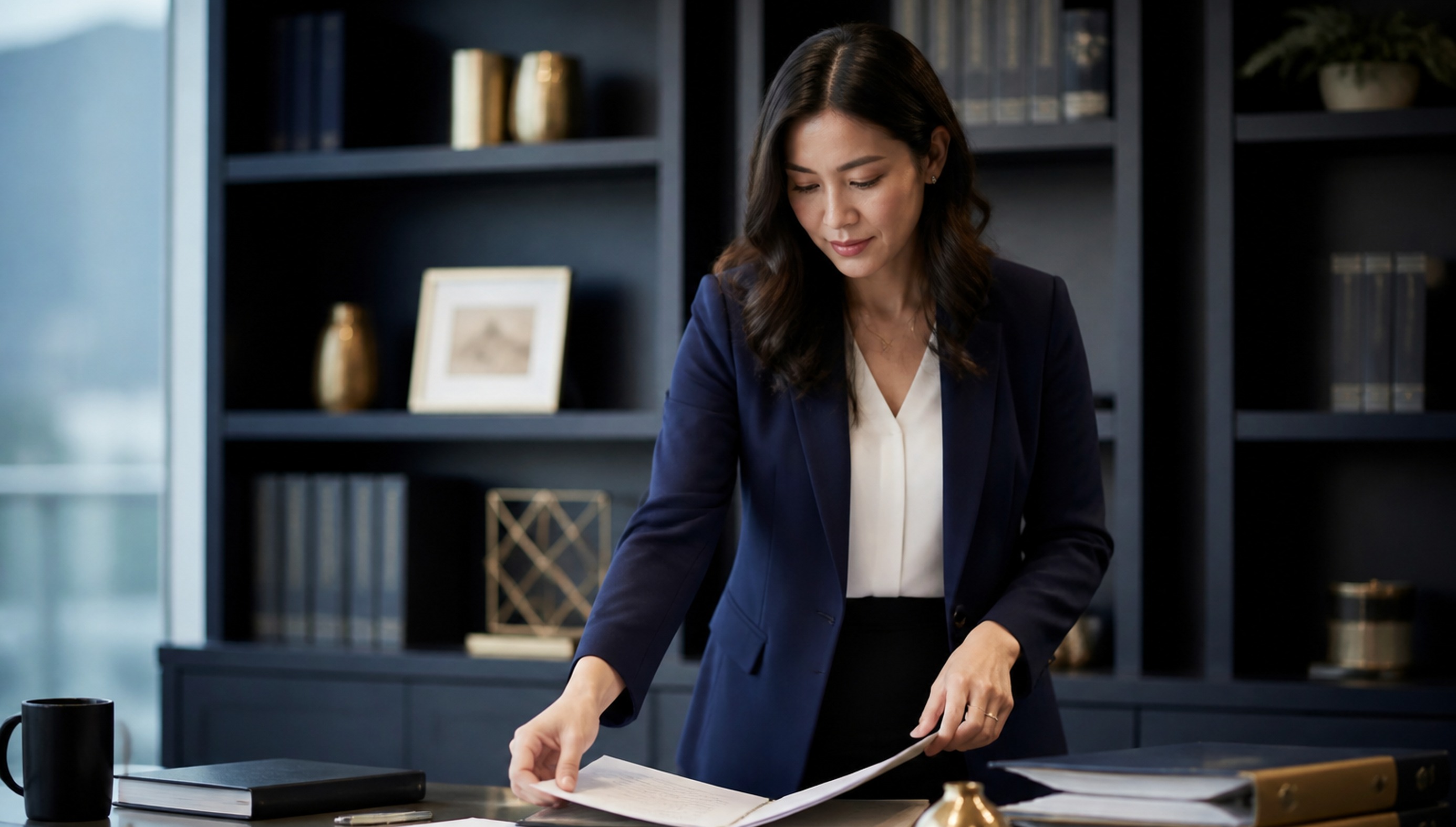 female bookkeeper looking at files on bookshelf